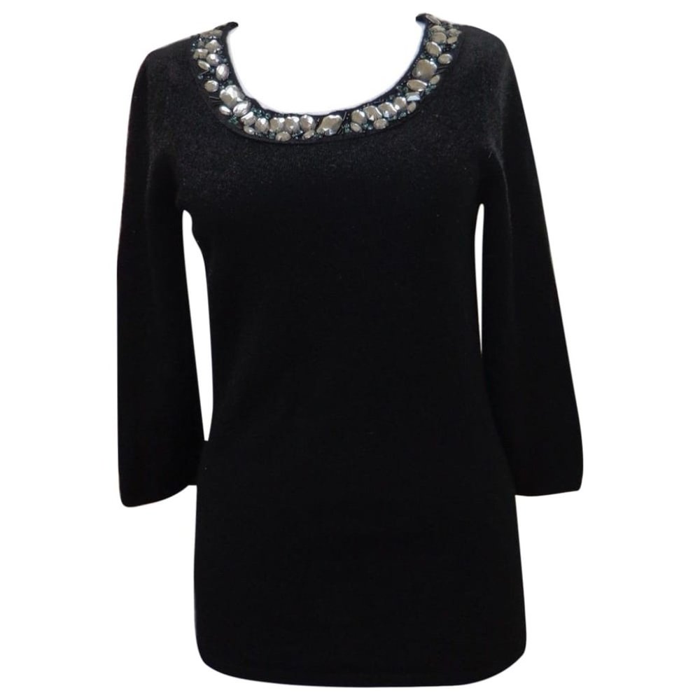 LORD & TAYLOR Black 100% Cashmere Beaded Neck 3/4 Sleeve Sweater Size XS